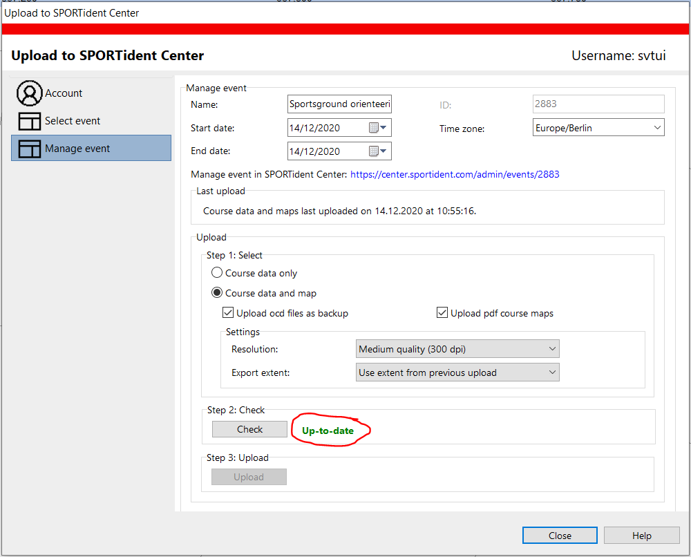 OCAD upload to SPORTident Center: Manage event and upload